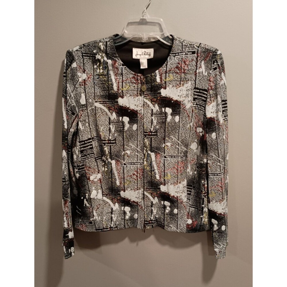 Joseph Ribkoff Vintage Zip Womens News Print Size 12 Blazer Statement Art